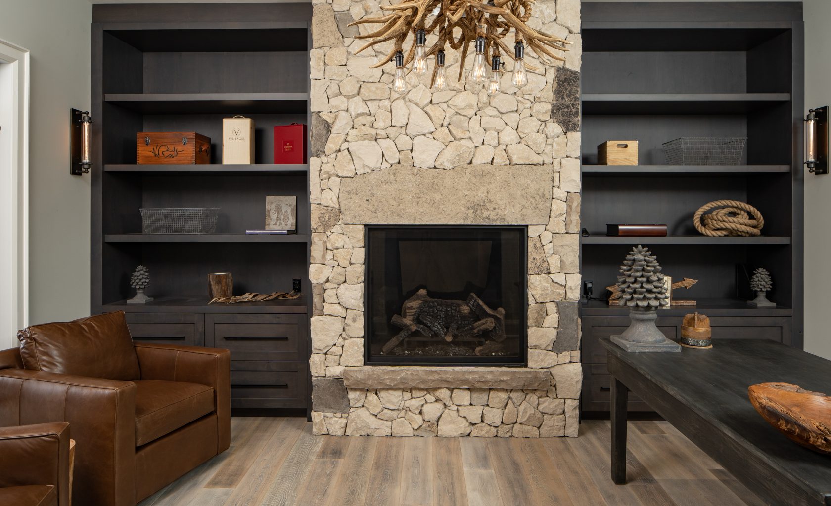 Stunning Built-In shelving with fireplace feature.