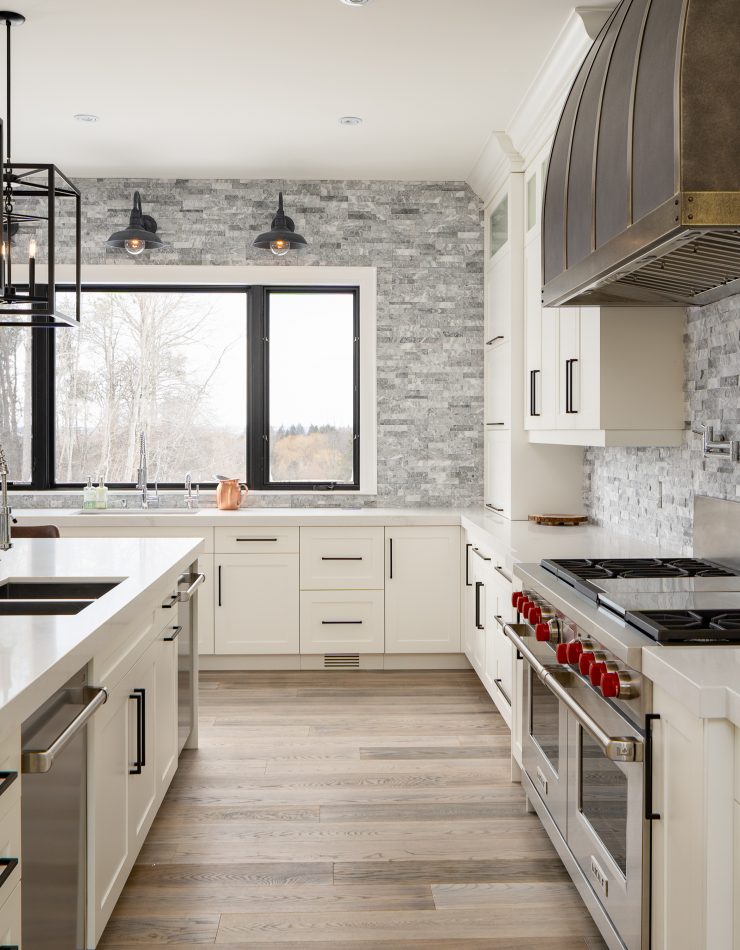Transitional Kitchen with bold finishes and a unique range hood